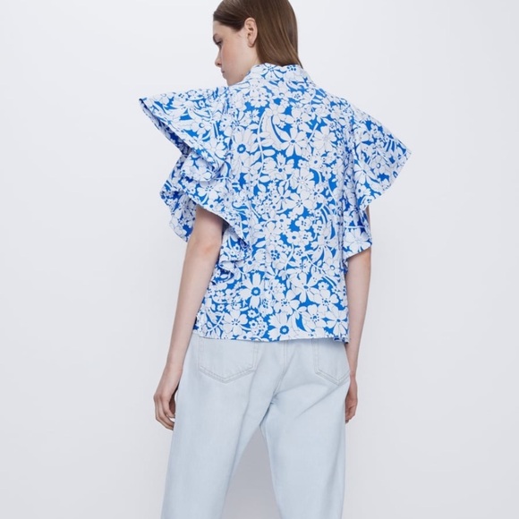 ZARA BNWT Blue/White Printed Poplin Cotton Top with Ruffled Sleeves Size M - Picture 7 of 9
